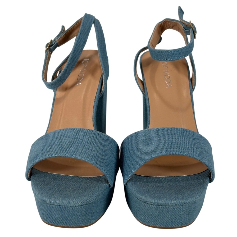Top Moda Blue Denim Platform Chunky Block Heel Ankle Strap Sandals JANE-10
